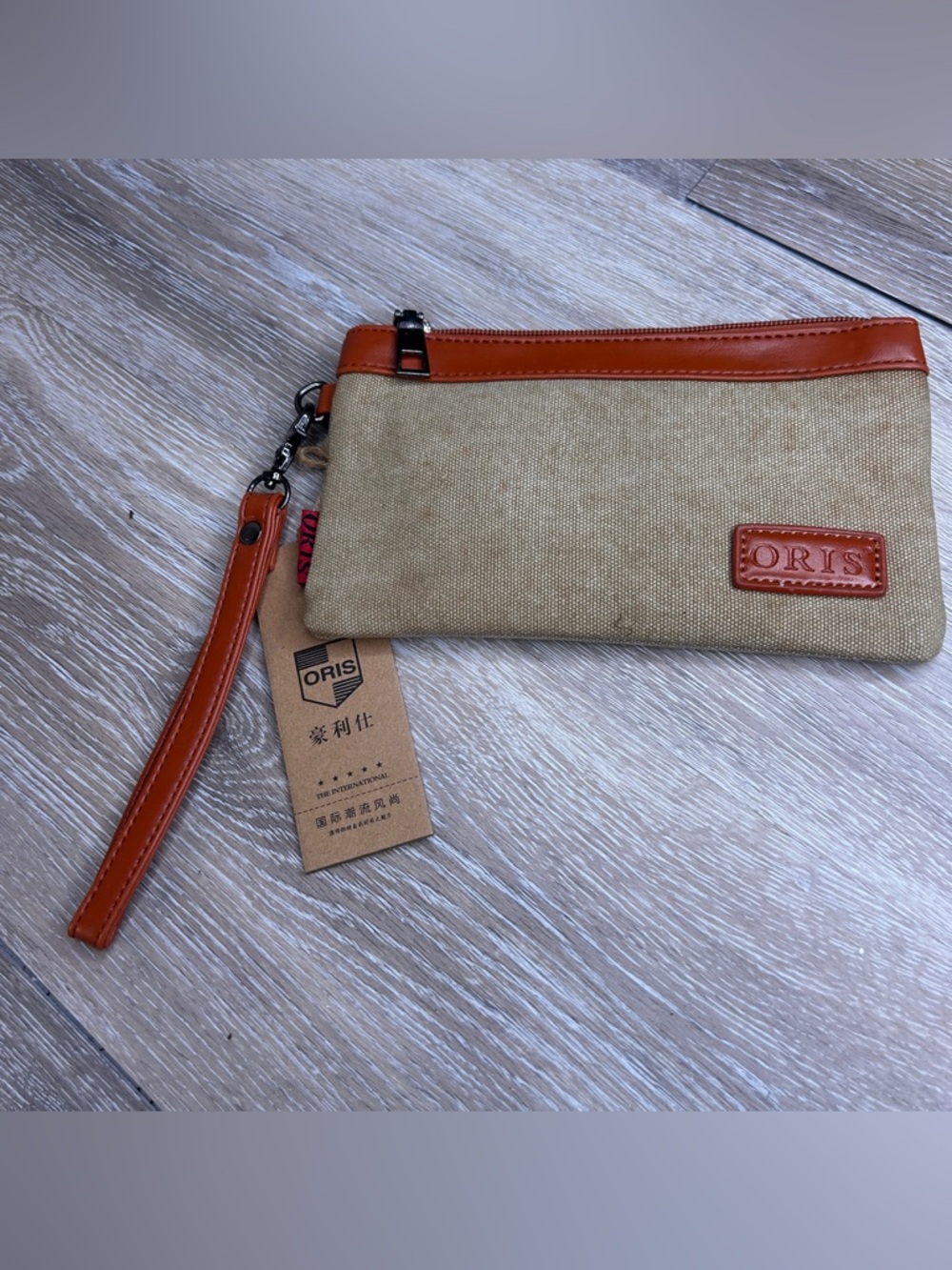 ORIS Canvas & Leather Wristlet Pouch – Beige Travel Clutch with Strap